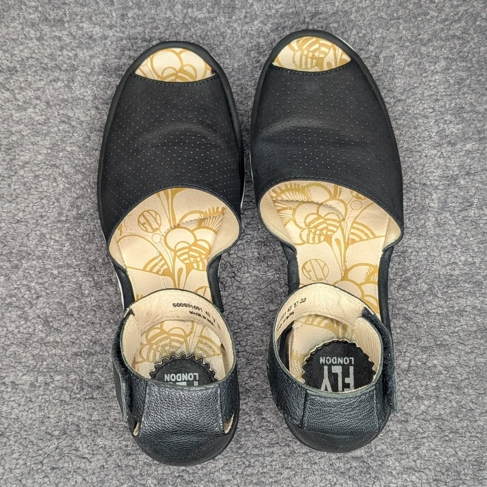 Fly London Yake Perforated Wedge Sandals Black White Women's 39 8-8.5